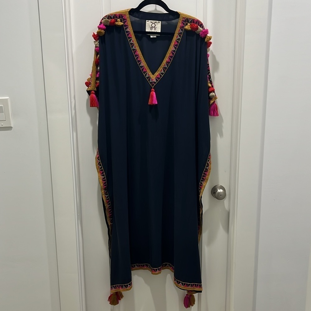 NWOT Figue Navy Embroidered Tassel Maxi V-Neck Kaftan Sz XS / S